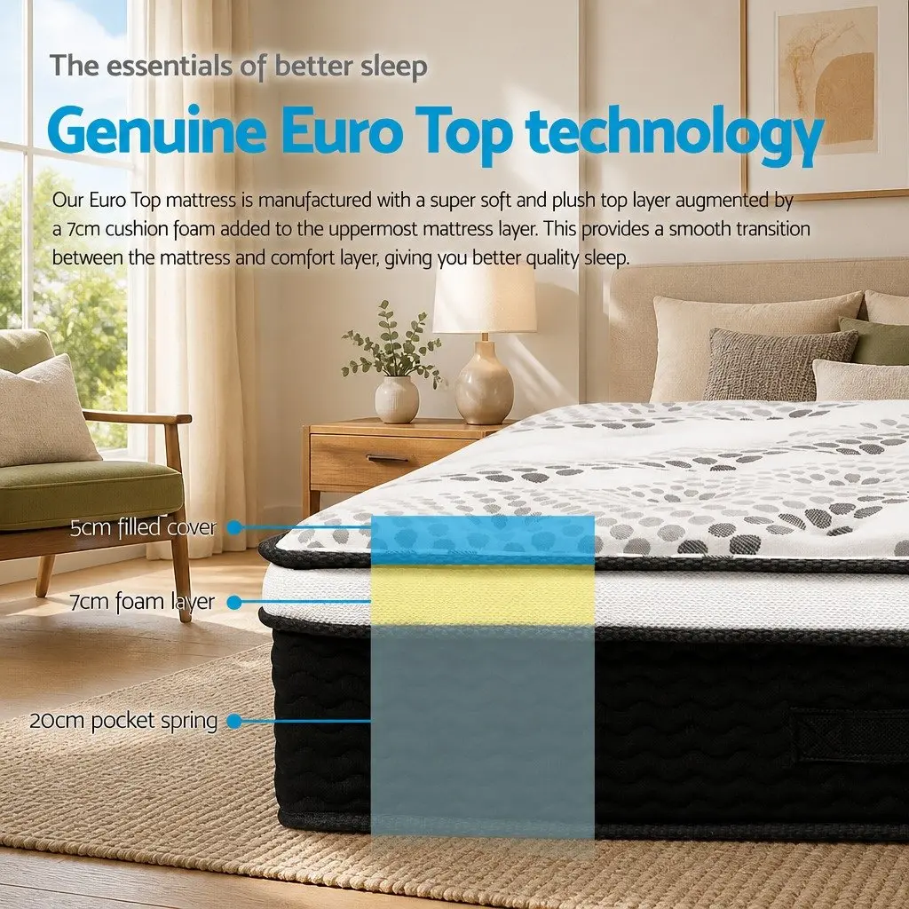 King Size Euro Top Mattress 32cm Thick Pocket Spring Medium Firmness High Density Foam