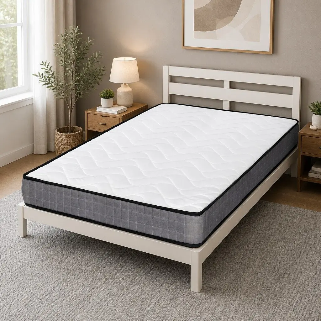 Queen Mattress Medium Firm 13cm Bonnell Spring Tight Top Quilted Black and White