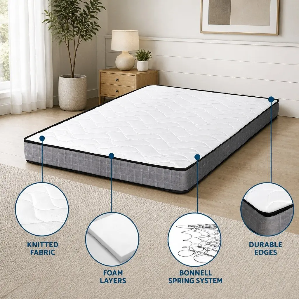 Queen Mattress Medium Firm 13cm Bonnell Spring Tight Top Quilted Black and White