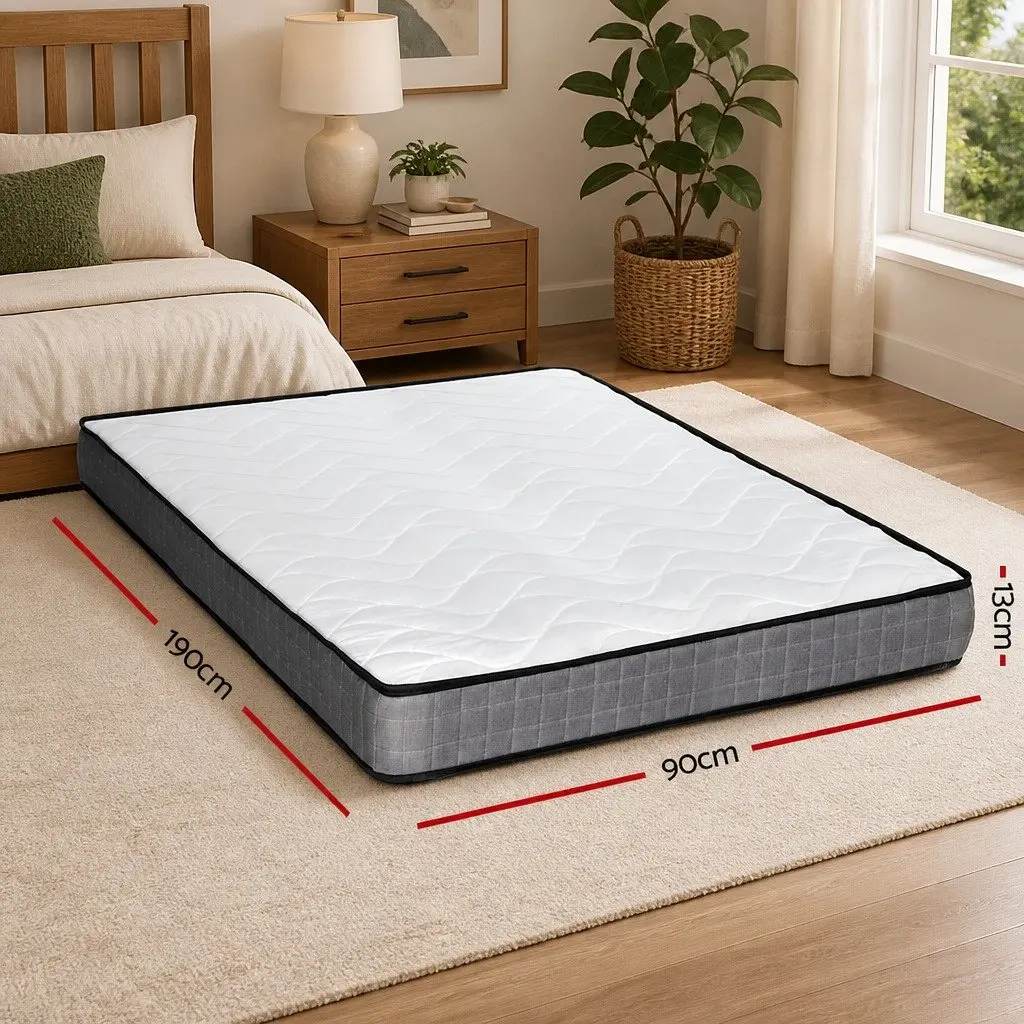 Single Mattress Bonnell Spring 13cm Medium Firm Quilted Top White Grey