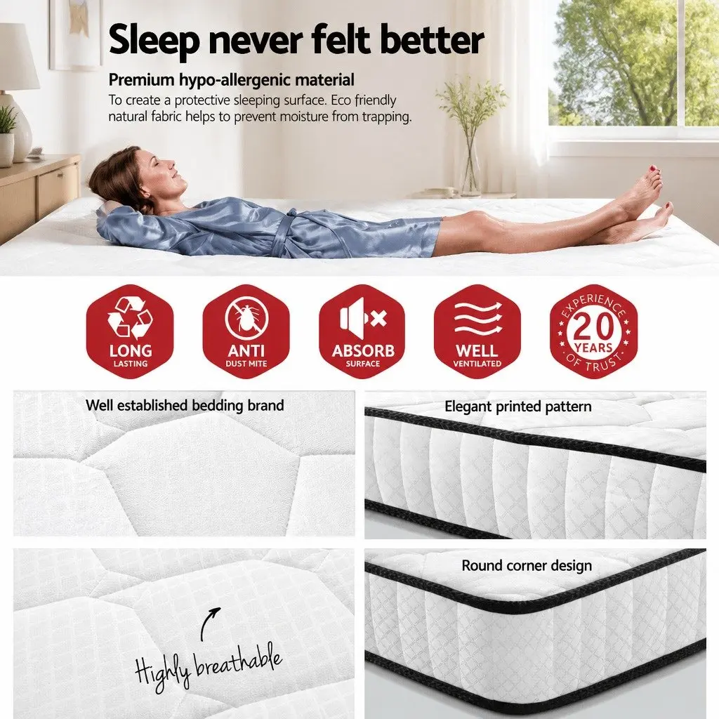 Queen Mattress 21cm Tight Top Pocket Spring Medium Firmness White Bedding