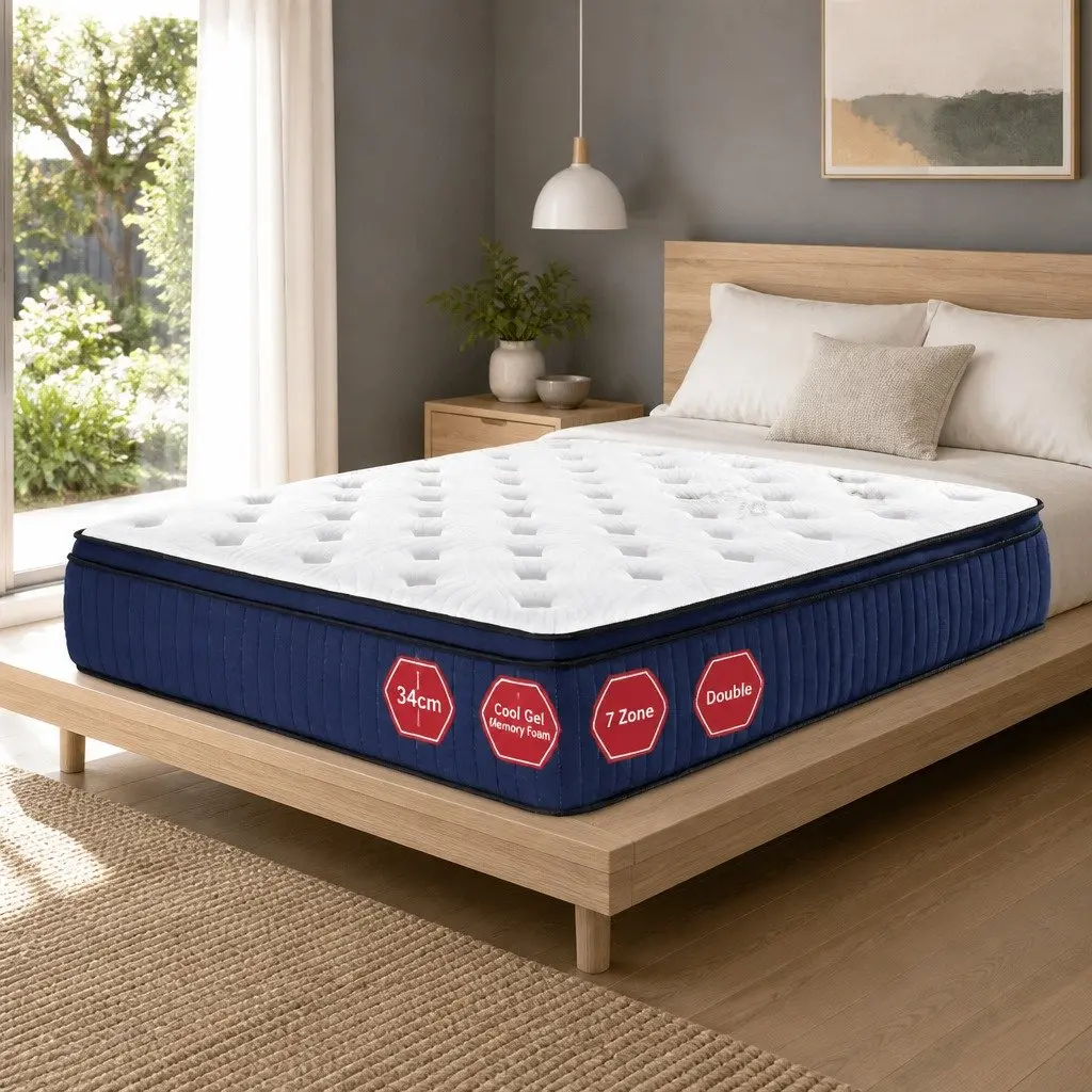 Double Mattress Medium Firm 34cm Cool Gel Memory Foam 7 Zone Pocket Springs