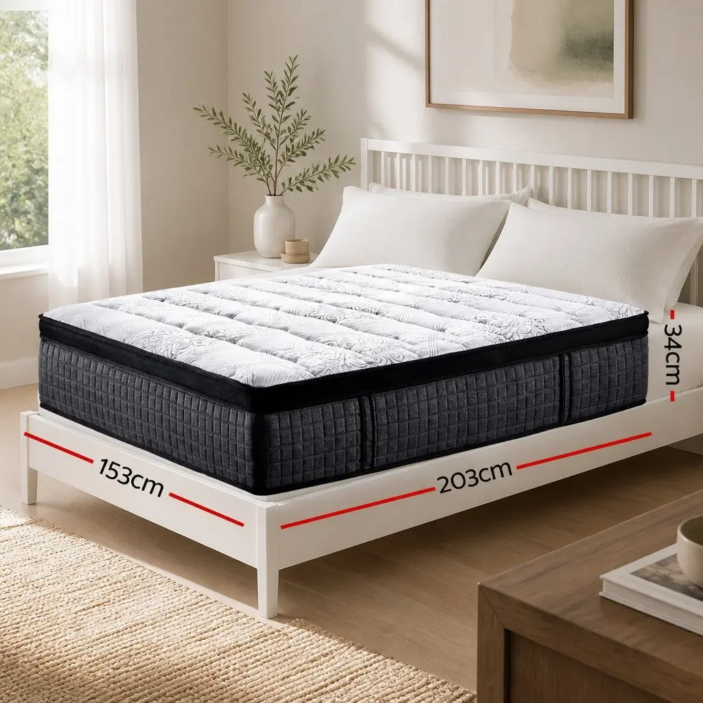 Queen Mattress Euro Top 34cm Medium Firm Latex Foam 9 Zone Pocket Spring