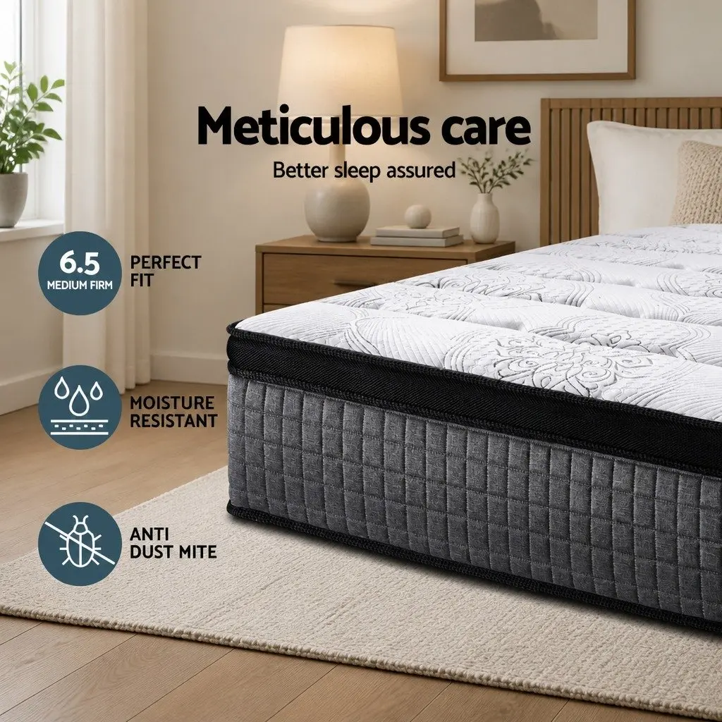 Queen Mattress Euro Top 34cm Medium Firm Latex Foam 9 Zone Pocket Spring