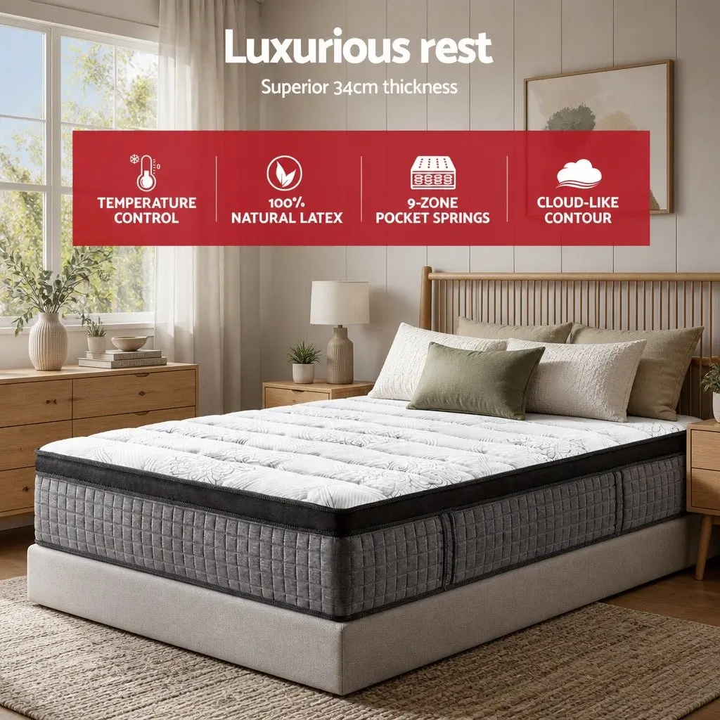Queen Mattress Euro Top 34cm Medium Firm Latex Foam 9 Zone Pocket Spring