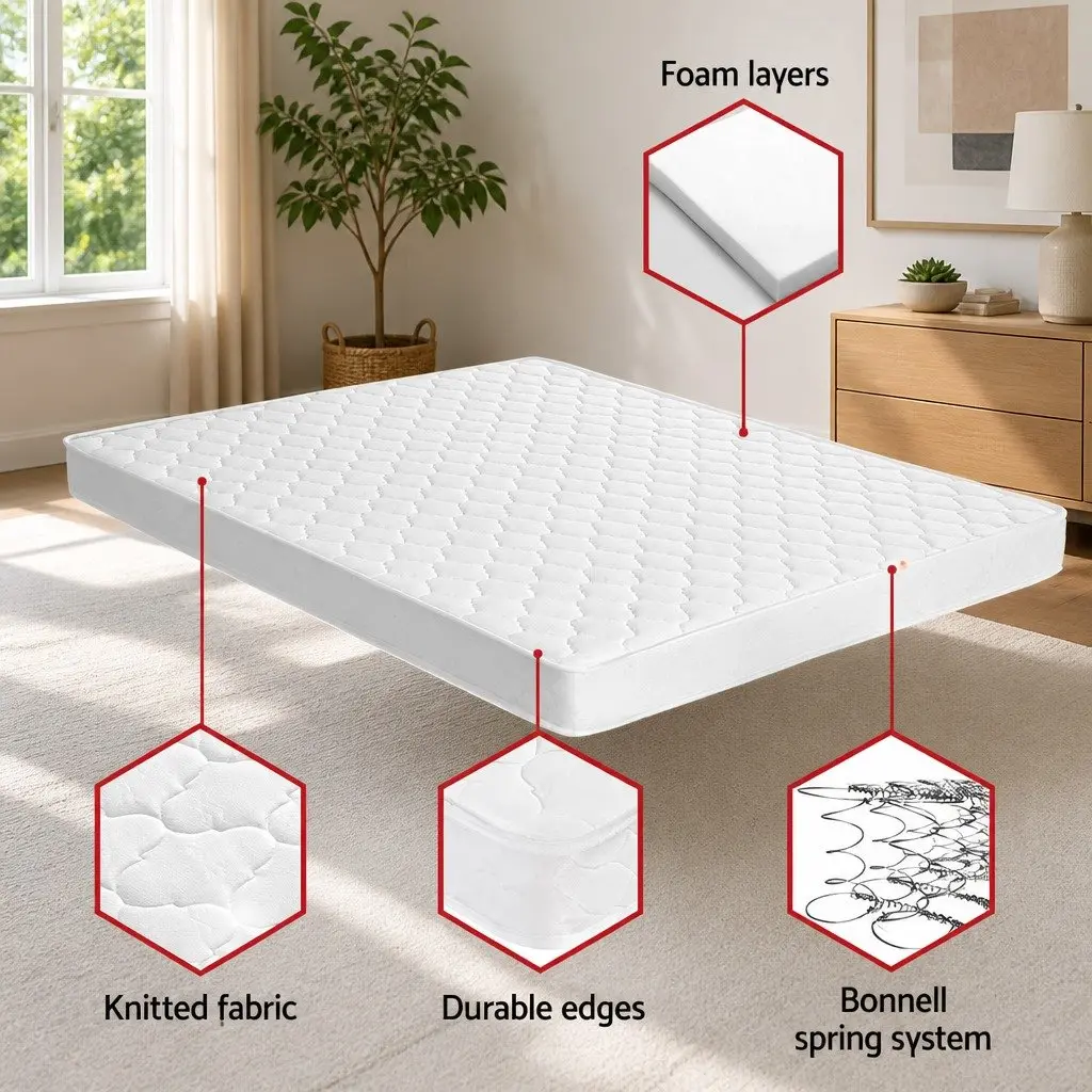 Double Mattress White Quilted 13cm Medium Firm Bonnell Spring Tight Top