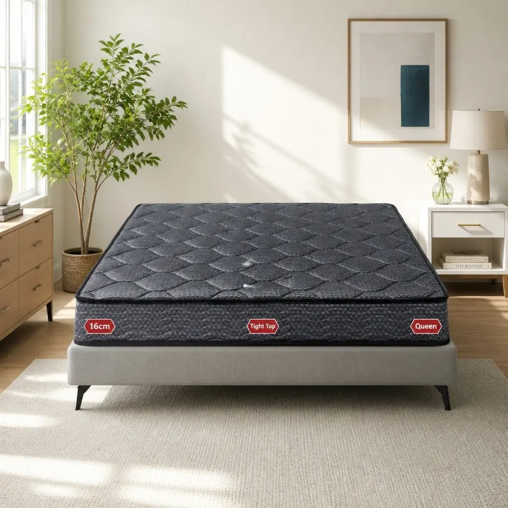 Queen Mattress Tight Top 16cm Bonnell Spring Medium-Firm Support Grey High-Density Foam