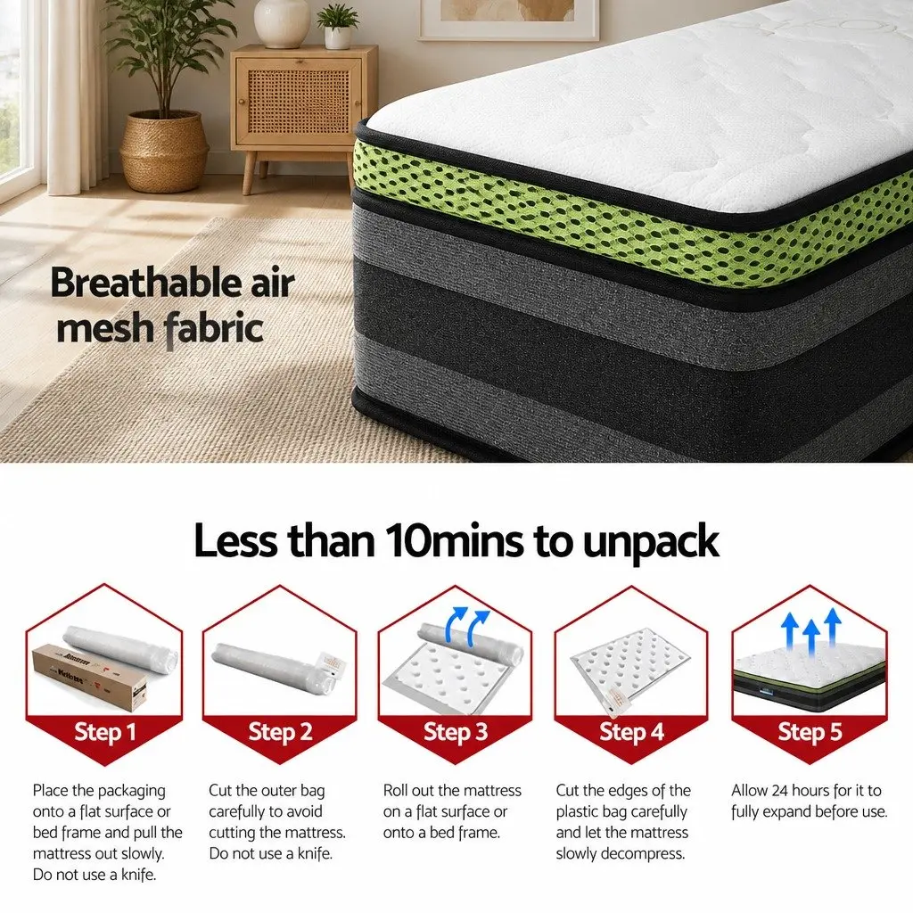 King Size Mattress Pocket Spring Grey Memory Foam Cool Gel 30cm Medium Firmness