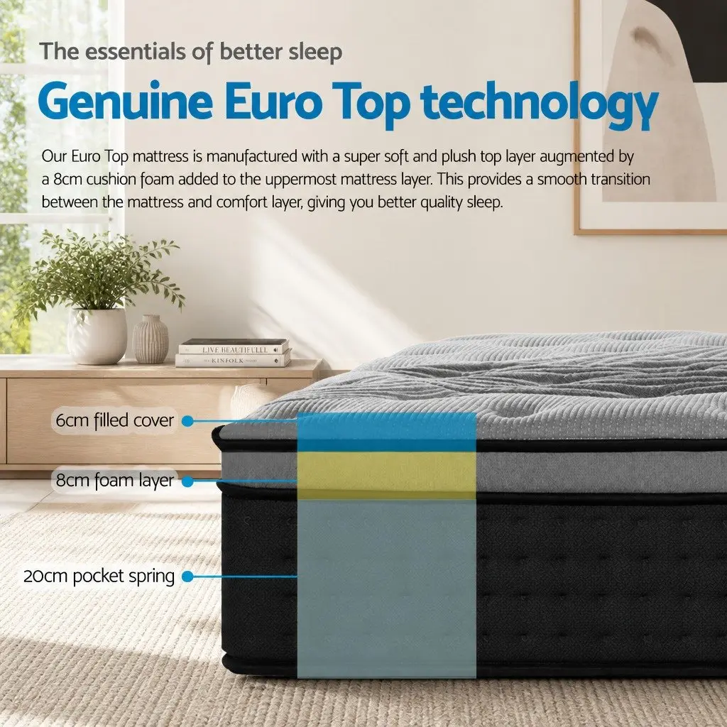 Double Mattress 34cm Medium Firm Euro Top Pocket Spring Bamboo Charcoal Fabric