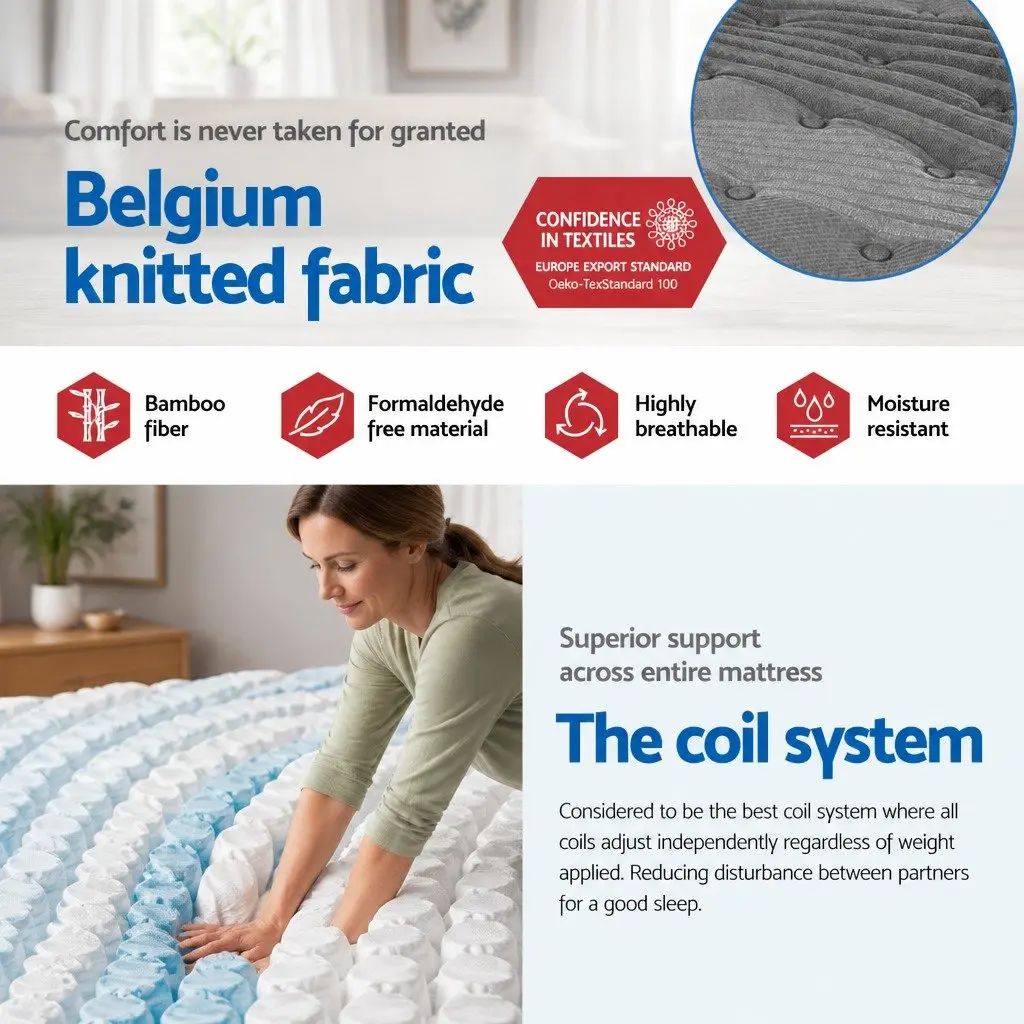 Double Mattress 34cm Medium Firm Euro Top Pocket Spring Bamboo Charcoal Fabric