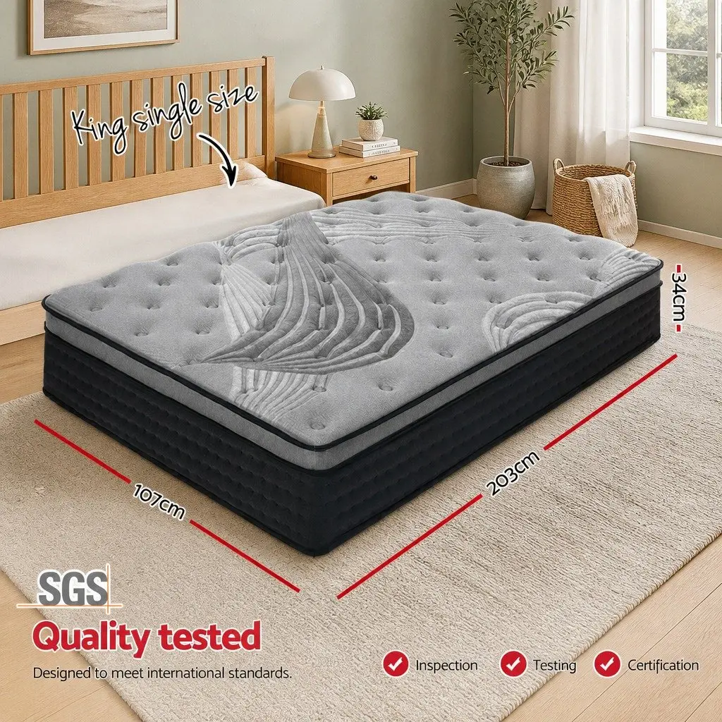 King Single Mattress Grey 34cm Pocket Spring Medium Firm Euro Top