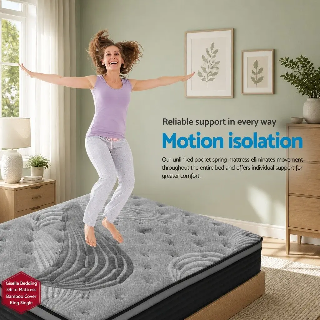 King Single Mattress Grey 34cm Pocket Spring Medium Firm Euro Top