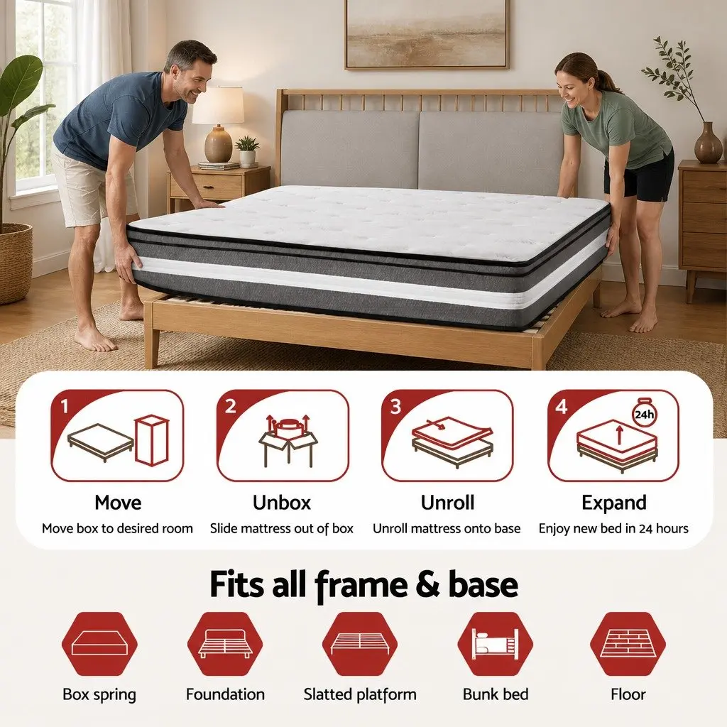 Double Mattress Euro Top 30cm Gel Memory Foam Pocket Spring Medium Firm Grey