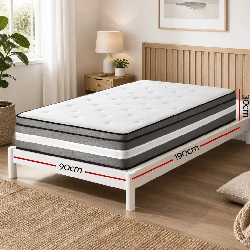 Single Mattress Euro Top 30cm Gel Memory Foam Pocket Spring Medium Firm Support