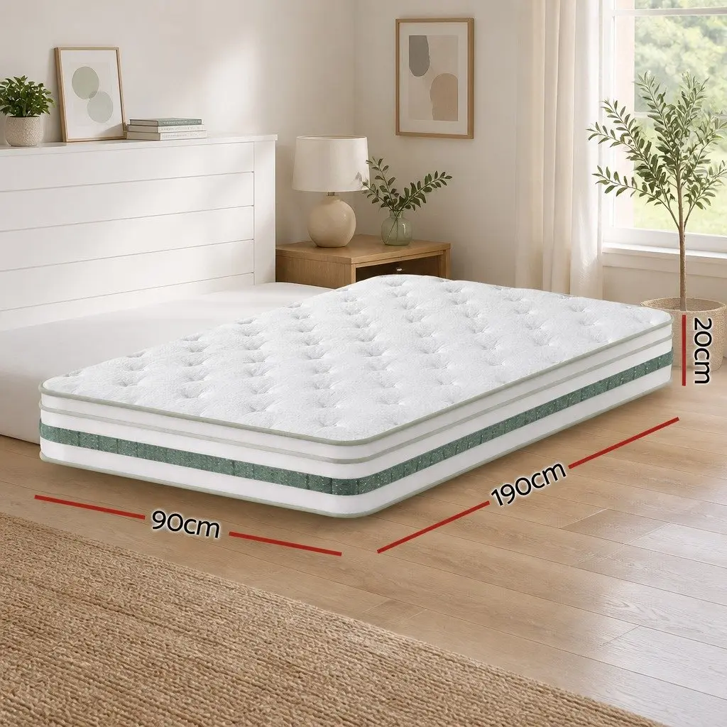 Single Mattress 20cm Green Tea Foam Euro Top Pocket Spring Medium Firm Support
