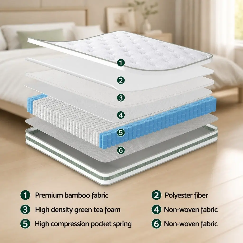 Single Mattress 20cm Green Tea Foam Euro Top Pocket Spring Medium Firm Support
