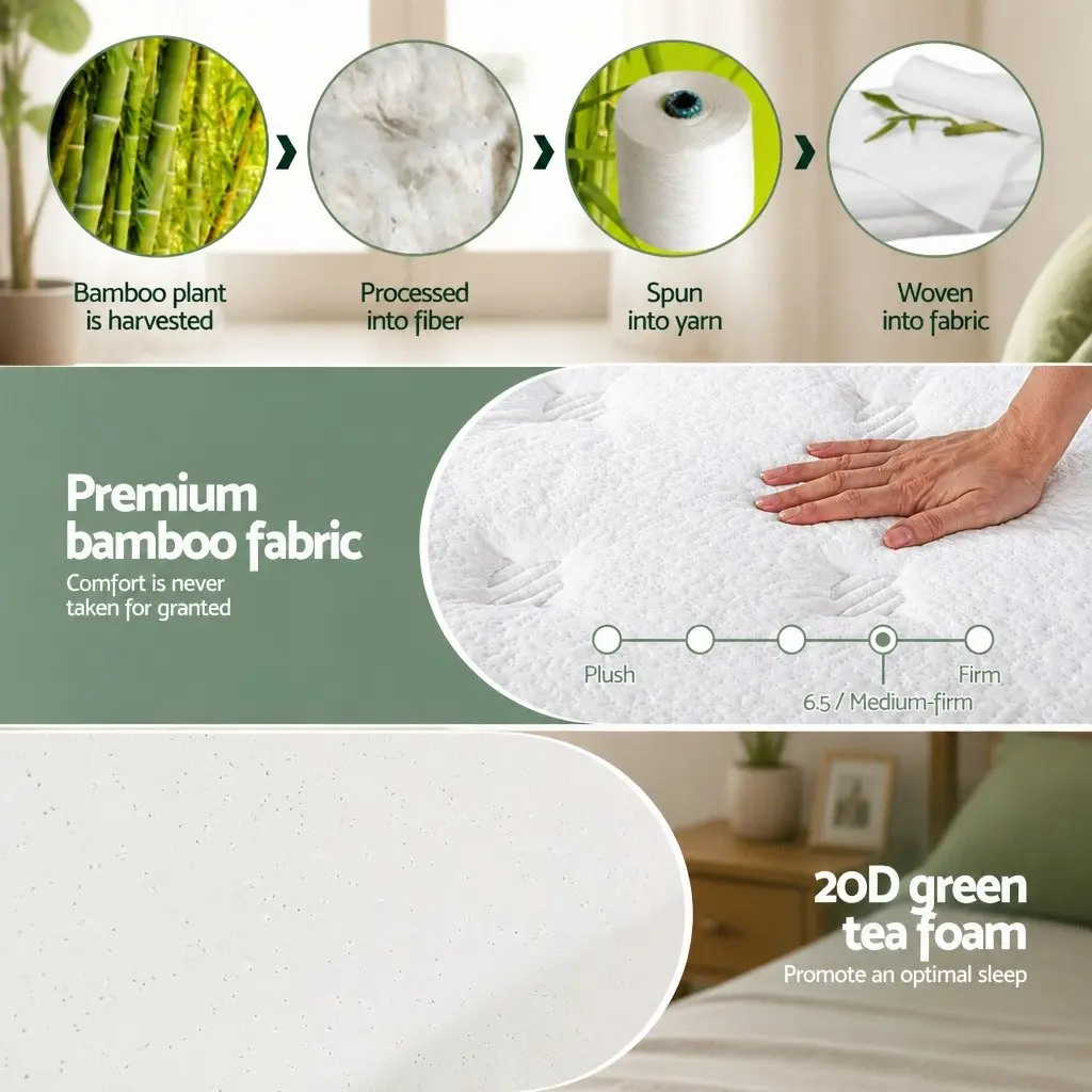 Single Mattress 20cm Green Tea Foam Euro Top Pocket Spring Medium Firm Support