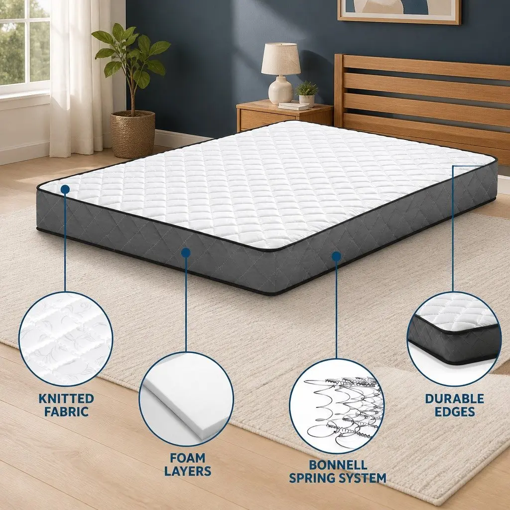 Single Mattress Bonnell Spring 16cm Medium Firm Support Breathable White Polyester