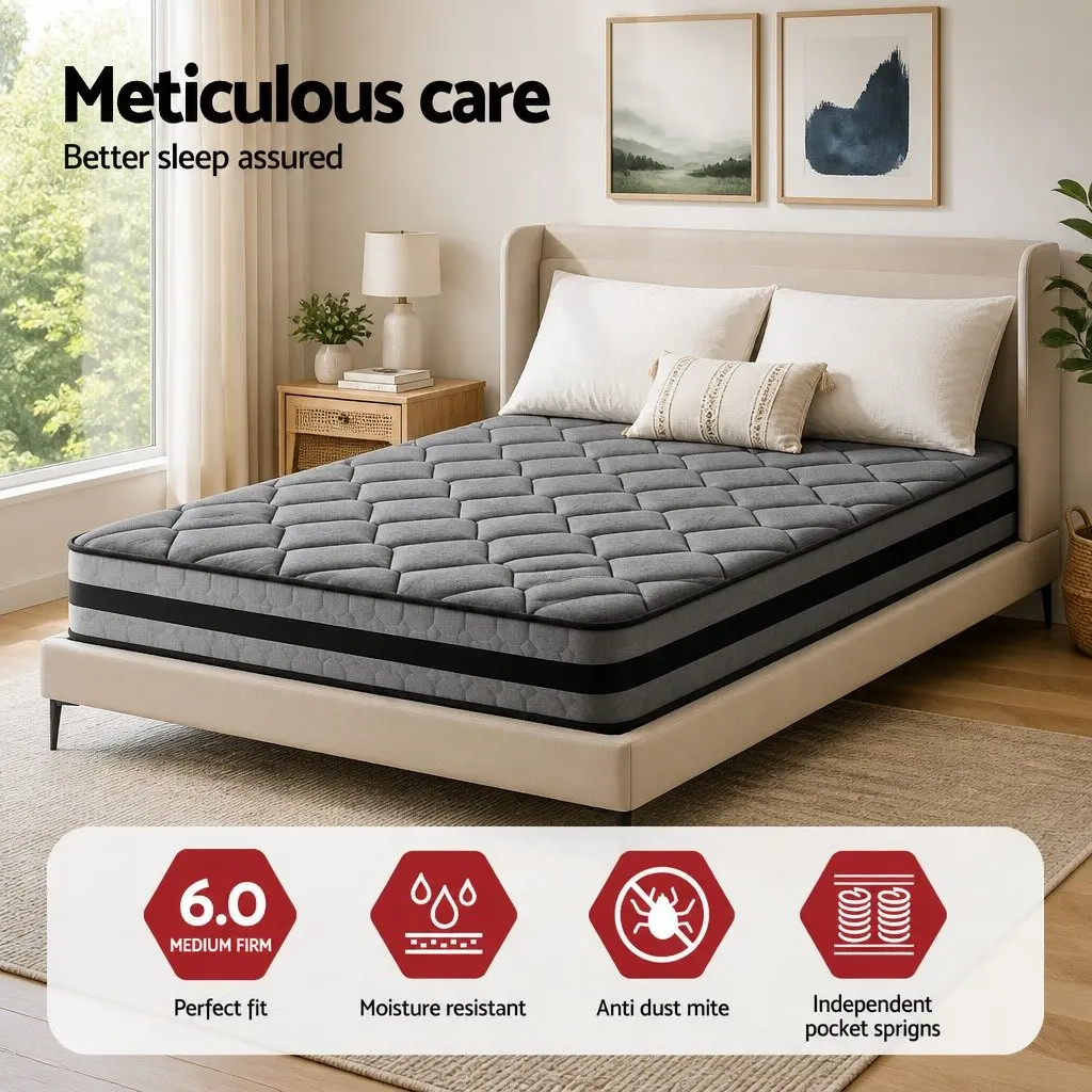 King Size Pocket Spring Mattress 22cm Medium Firm Mattress Grey Bedroom Sleeping