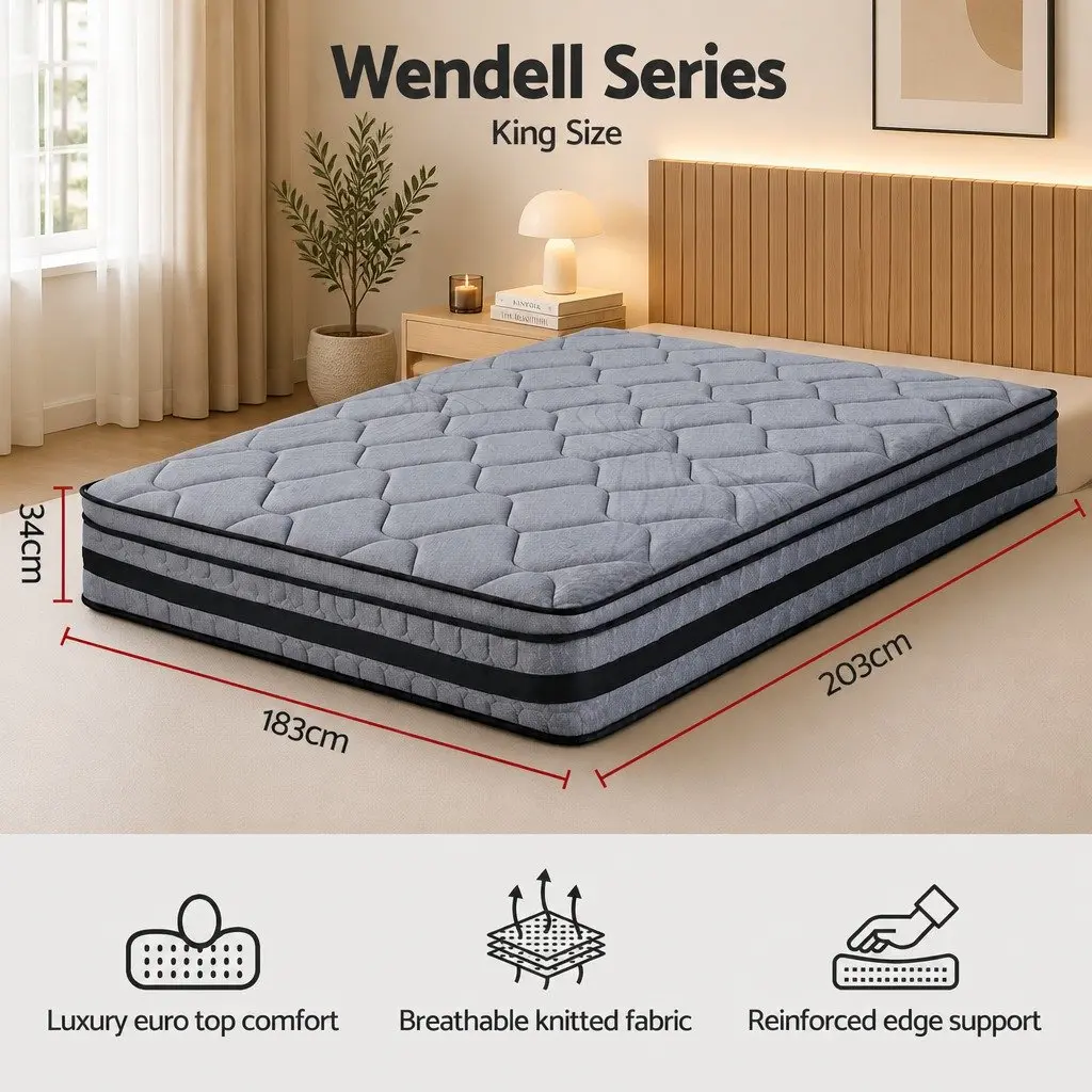 King Size Hybrid Mattress Euro Top 34cm Pocket Spring Medium Firm Support Bamboo Fabric