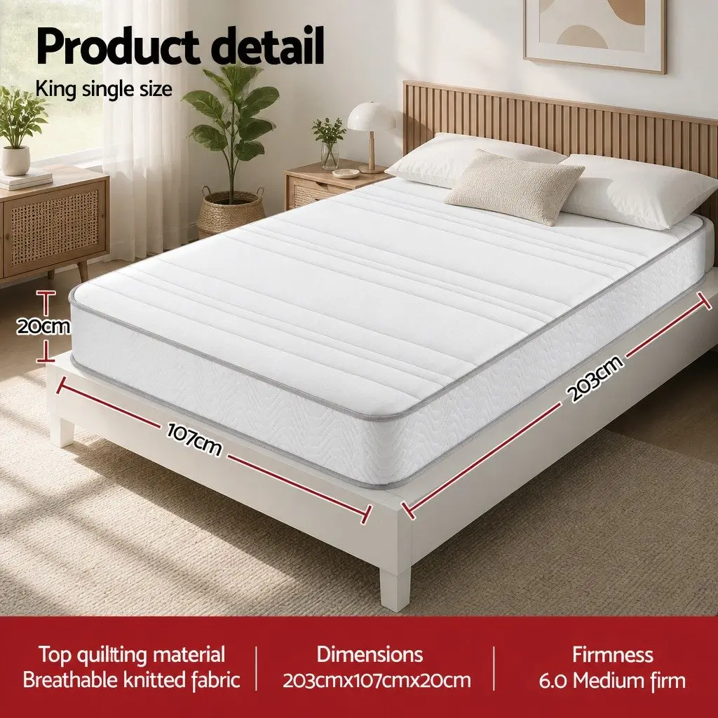King Single Mattress Medium-Firm 20cm Egg-Crate Foam Pocket Spring Tight Top