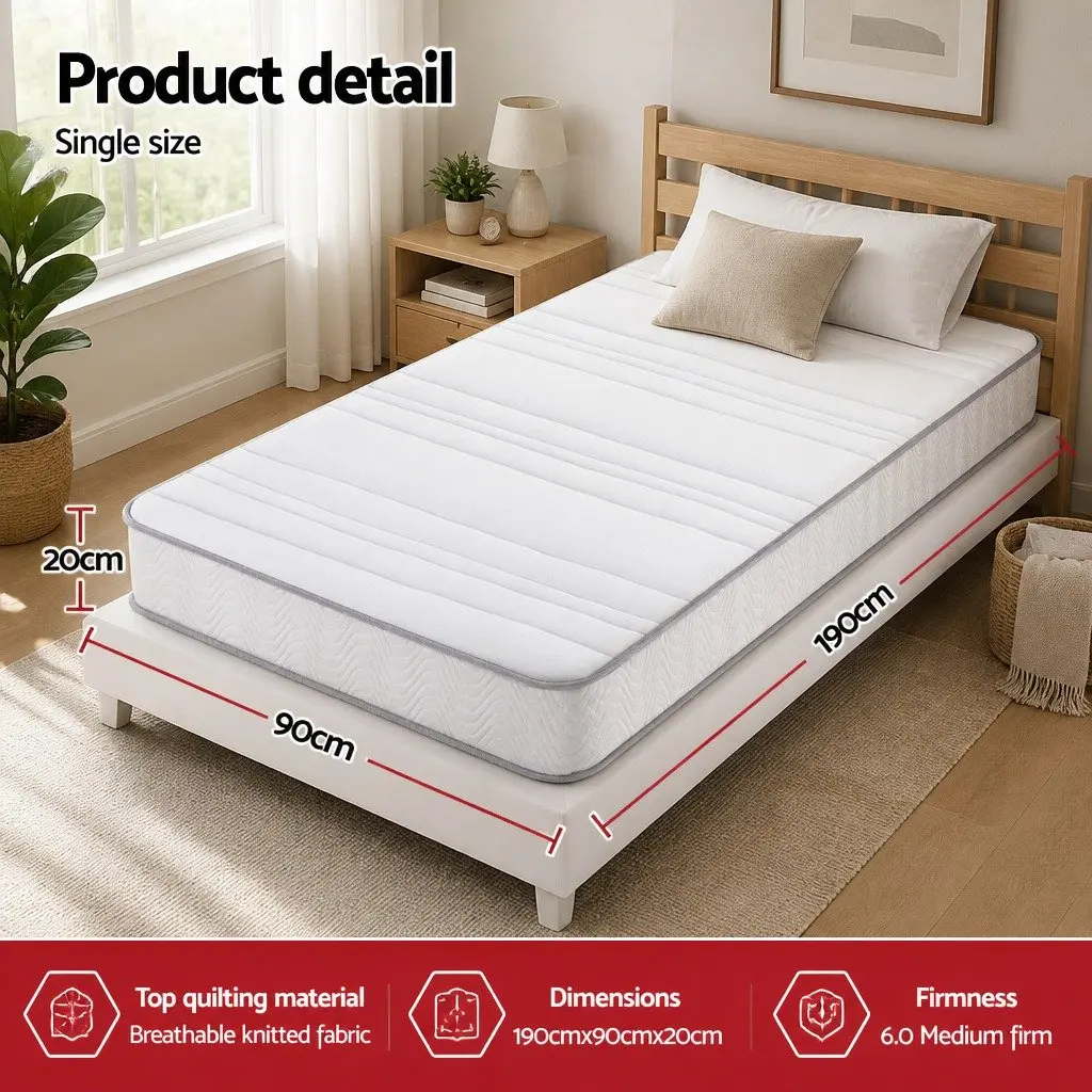 Single Mattress Medium Firm 90cm x 190cm Pocket Spring Egg-Crate Foam Tight Top White