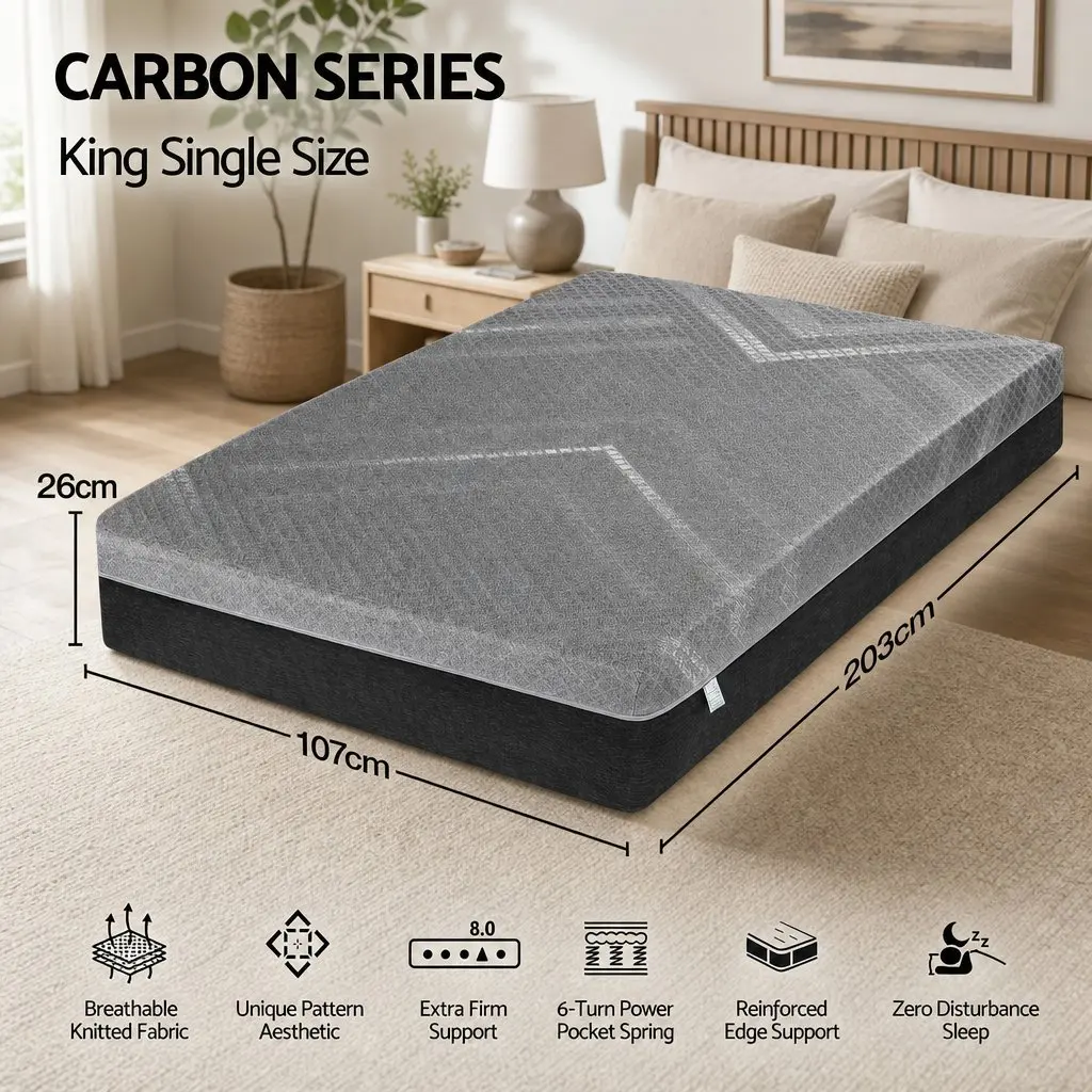 King Single Mattress Grey Firm Dual Edge Support 26cm Pocket Spring Breathable