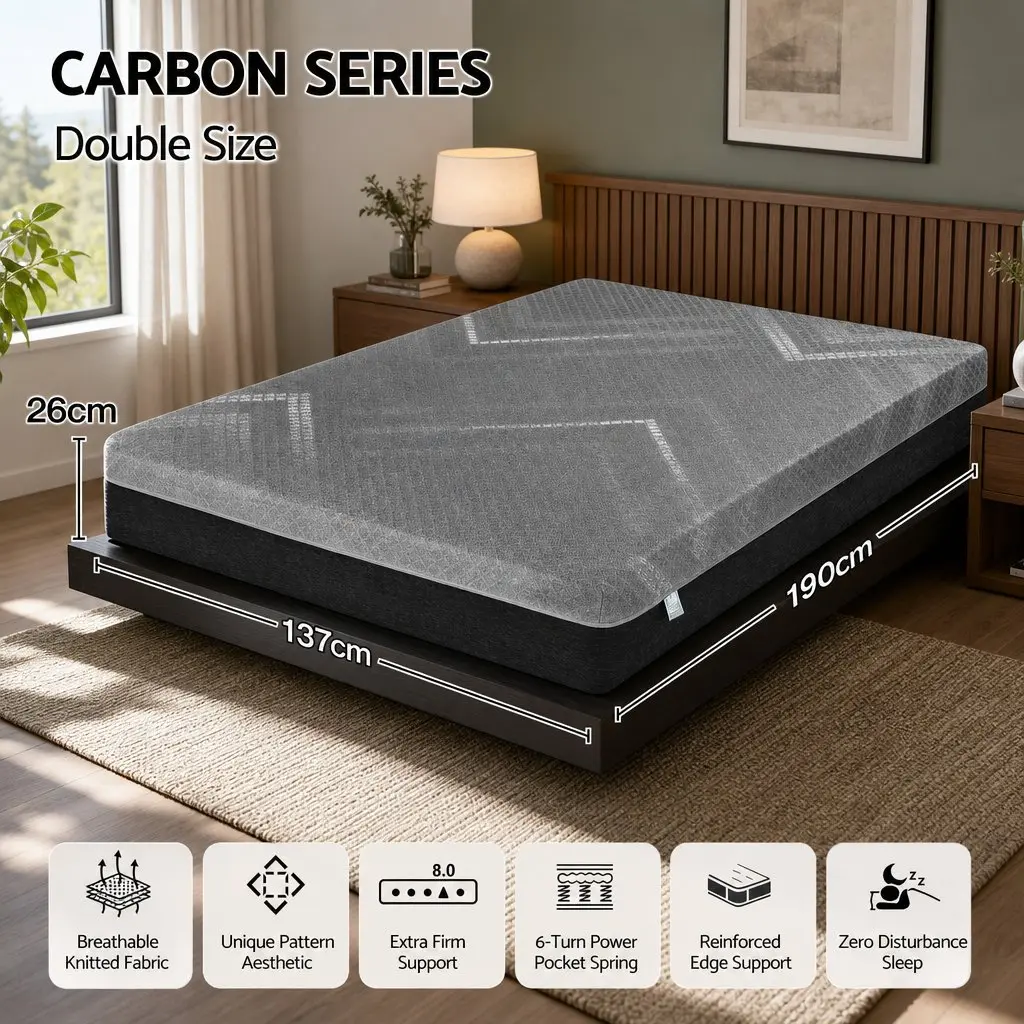 Double Mattress Grey Breathable Firm Support 26cm Pocket Spring Dual Edge Reinforcement