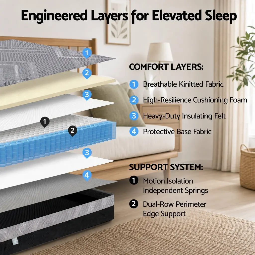 Double Mattress Grey Breathable Firm Support 26cm Pocket Spring Dual Edge Reinforcement