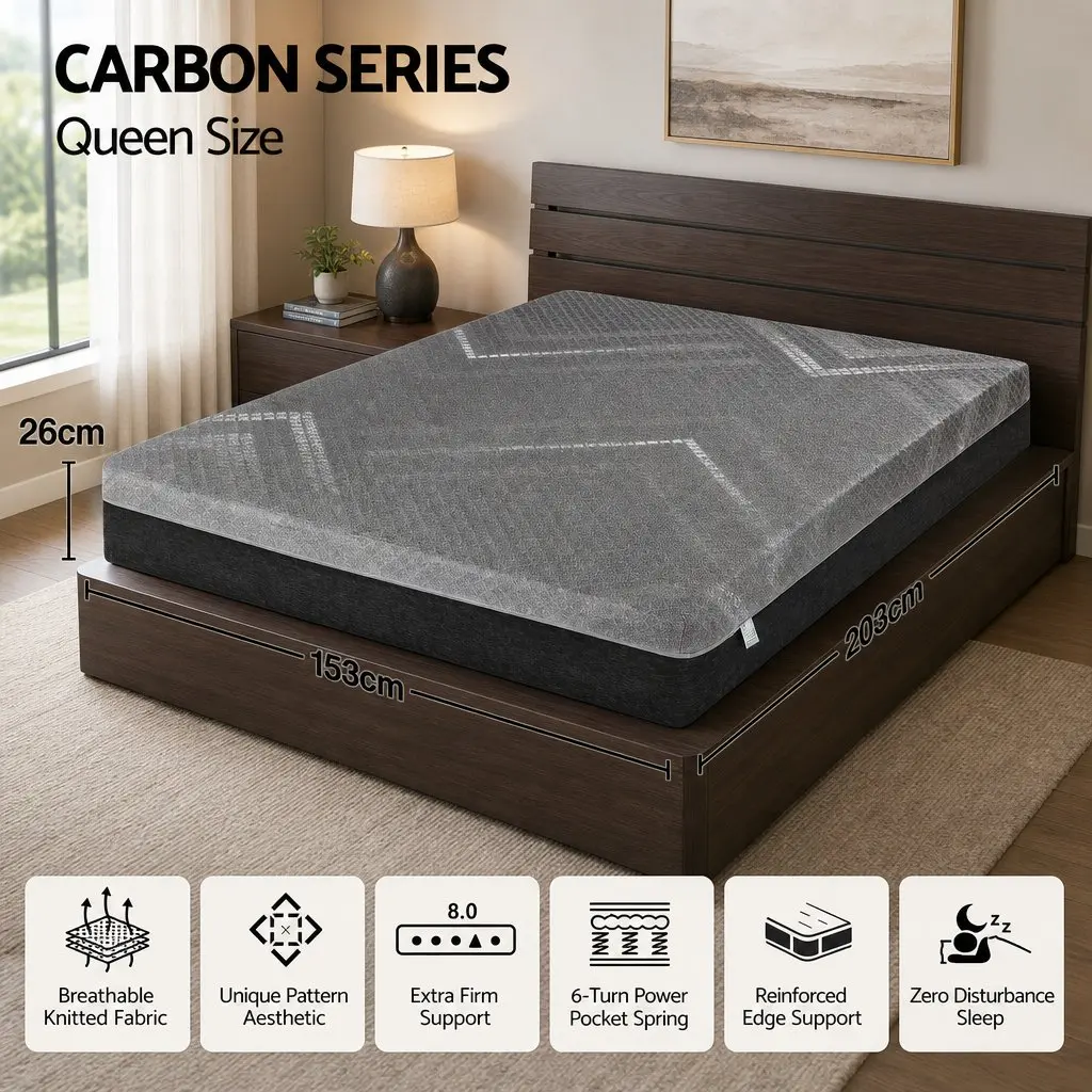 Queen Mattress Firm 26cm Pocket Spring Dual Edge Support Dark Grey Breathable
