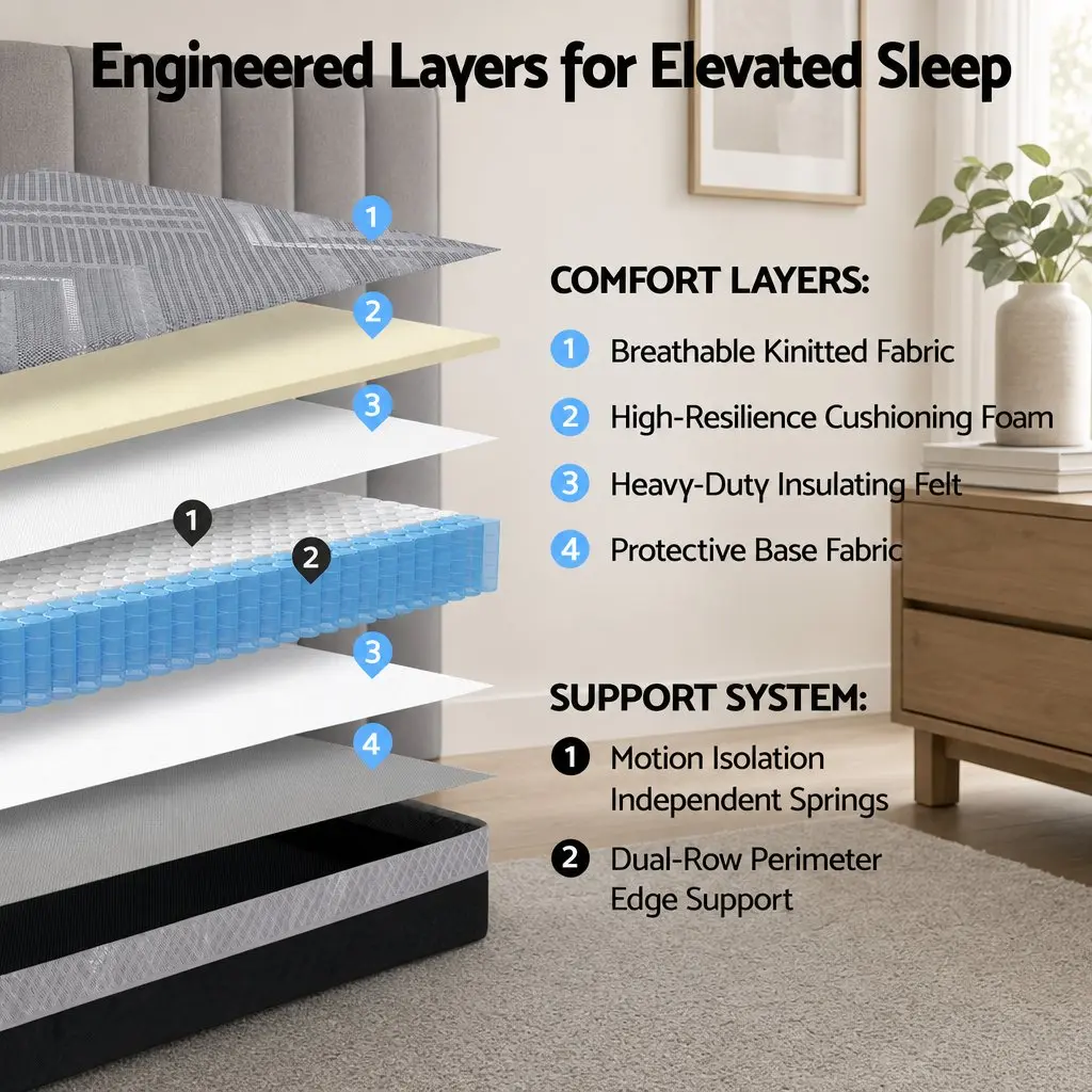 Queen Mattress Firm 26cm Pocket Spring Dual Edge Support Dark Grey Breathable