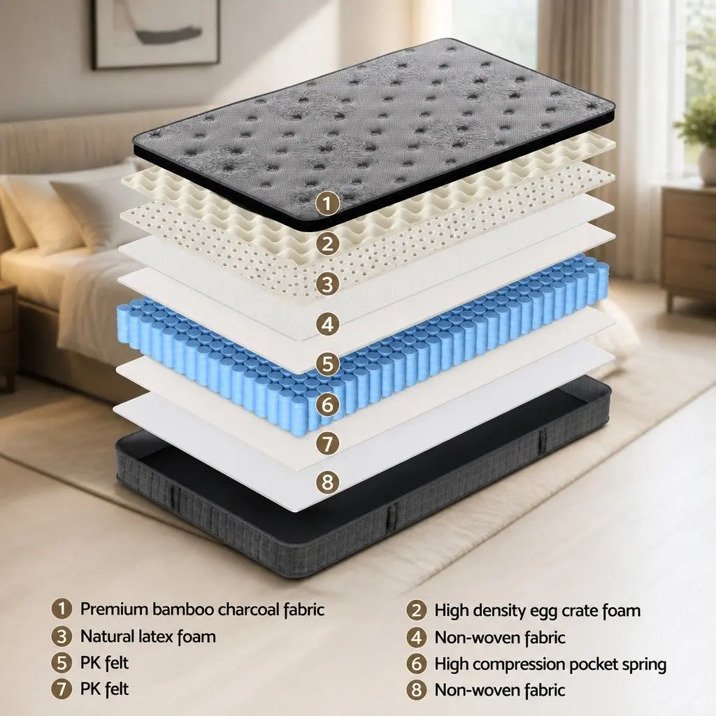 King Single Mattress Euro Top 26cm Natural Latex Foam Medium Firm Pocket Spring Support