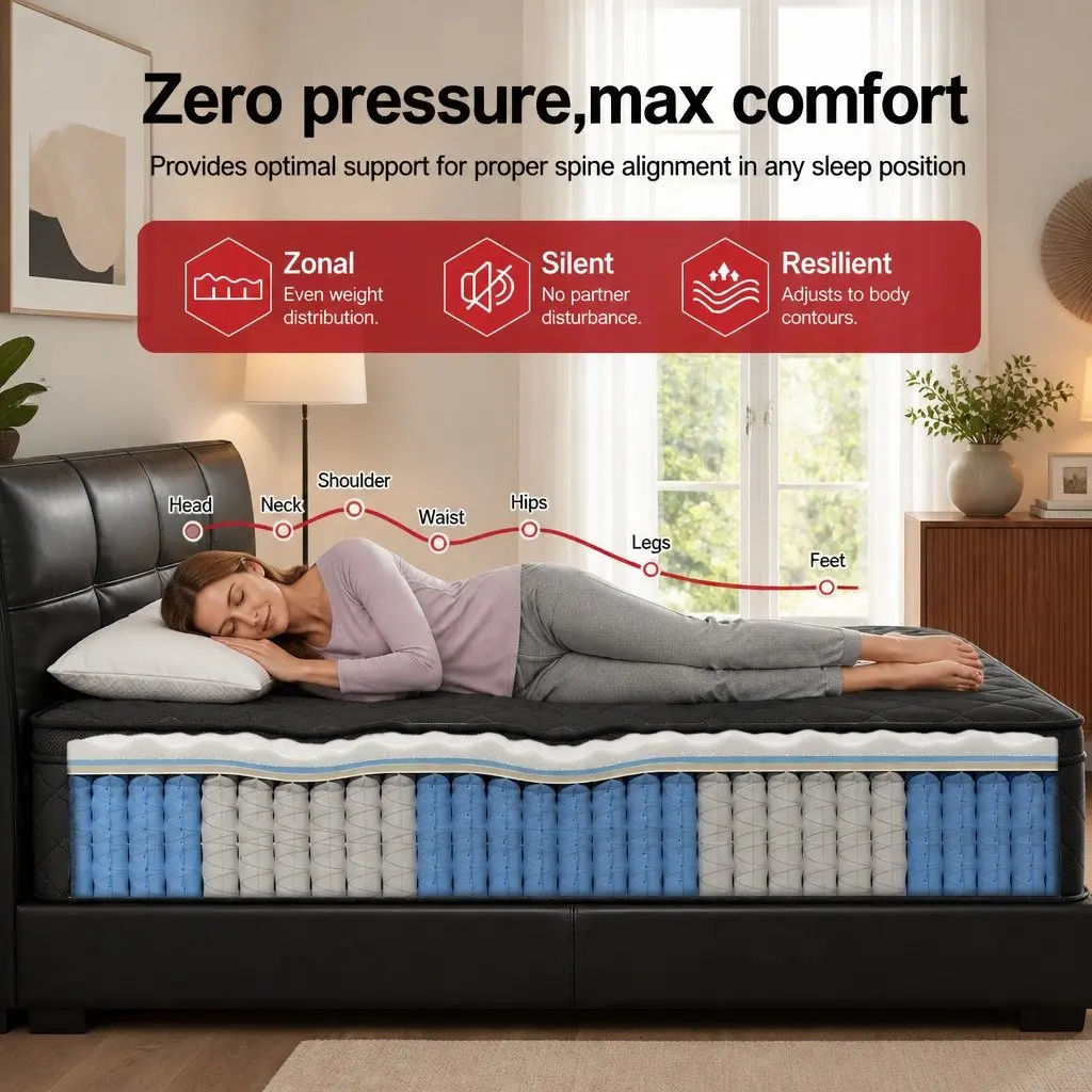 King Single Mattress 34cm Euro Top 5-Zone Pocket Spring Black Medium Firm