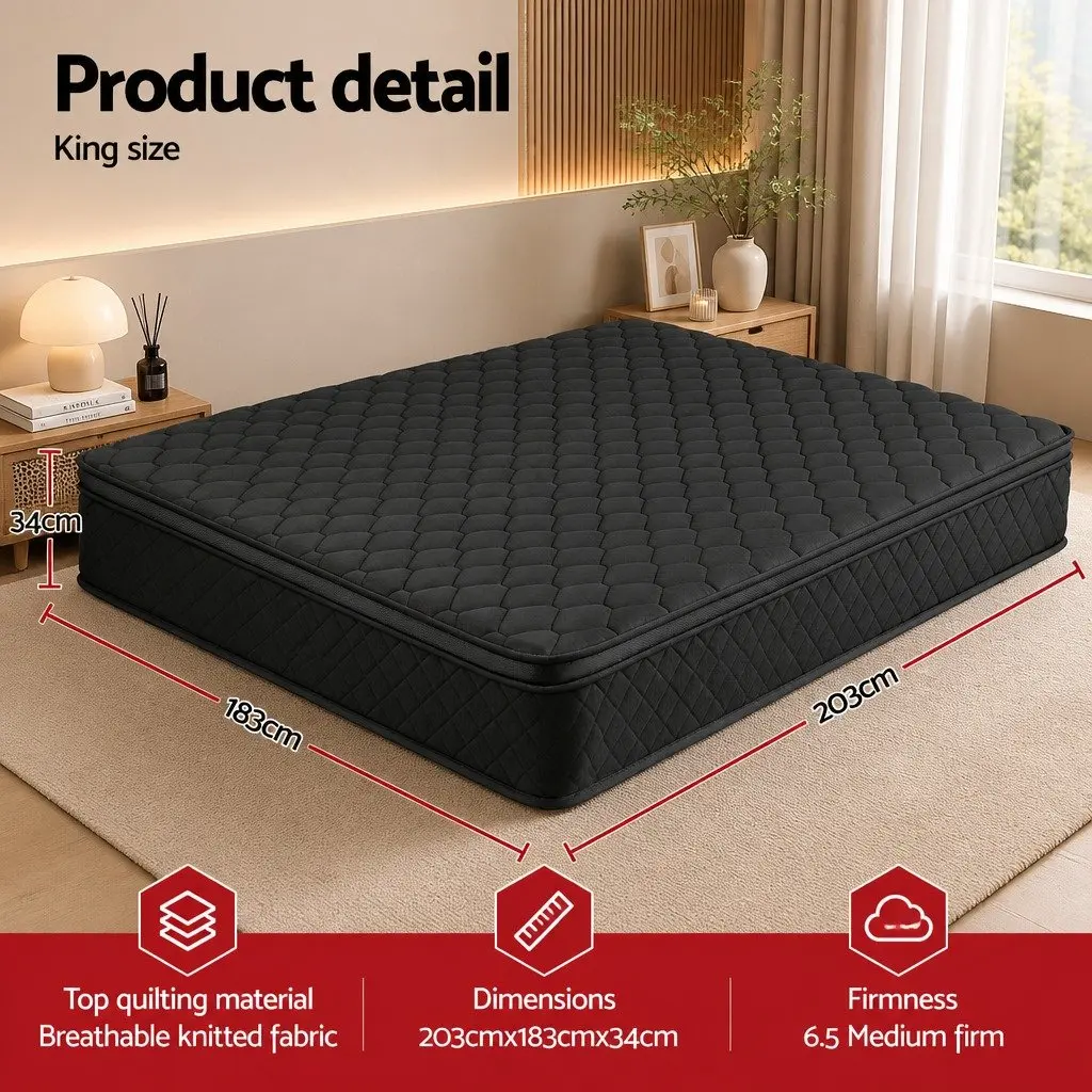 King Size Mattress Black Euro Top 34cm Medium Firm 5-Zone Pocket Spring
