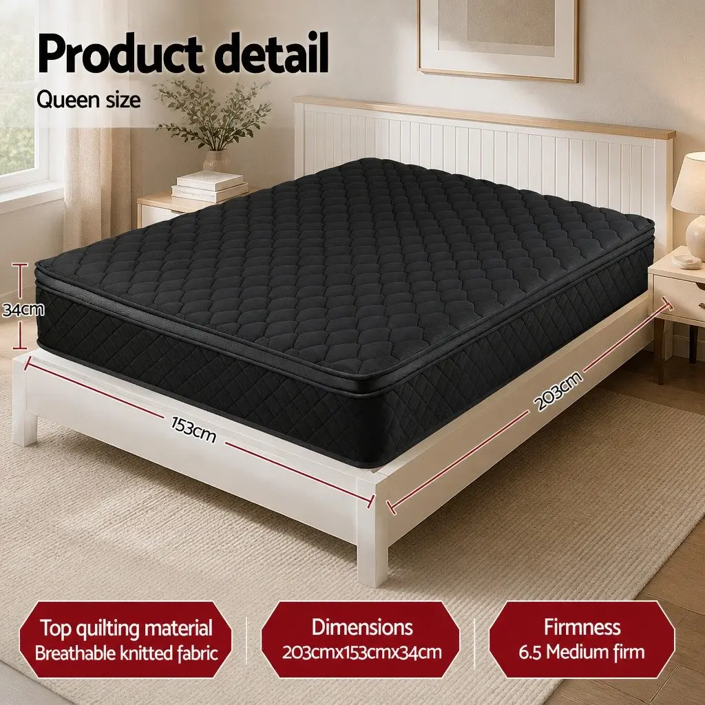 Queen Mattress 34cm Euro Top 5-Zone Pocket Spring Medium Firm Black Bed