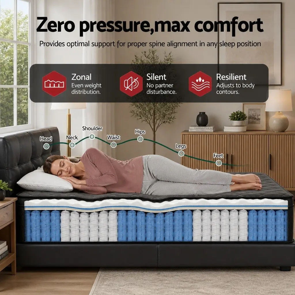 Queen Mattress 34cm Euro Top 5-Zone Pocket Spring Medium Firm Black Bed
