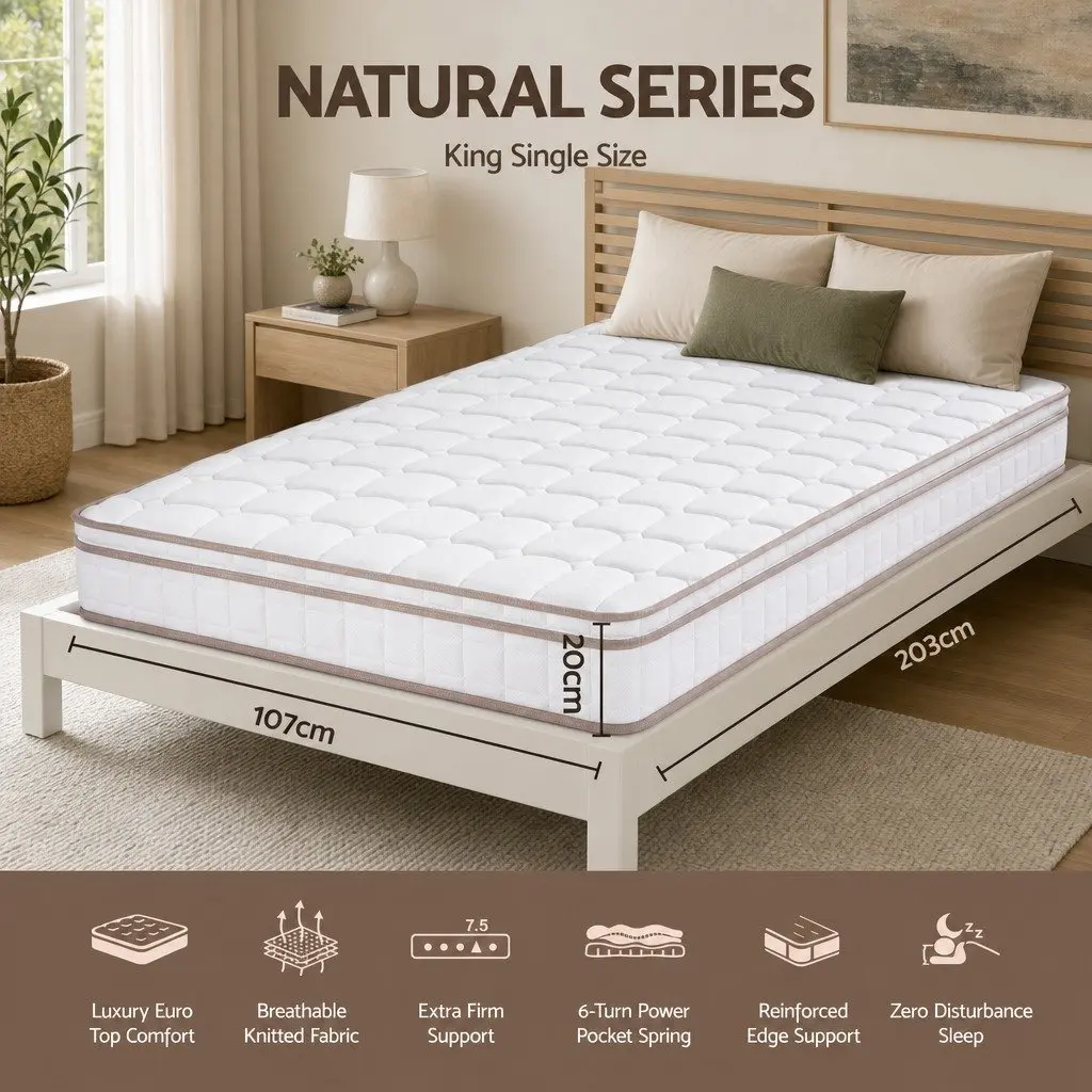 King Single Mattress White 20cm Firm Support Pocket Spring Construction for Bedroom and Guestroom