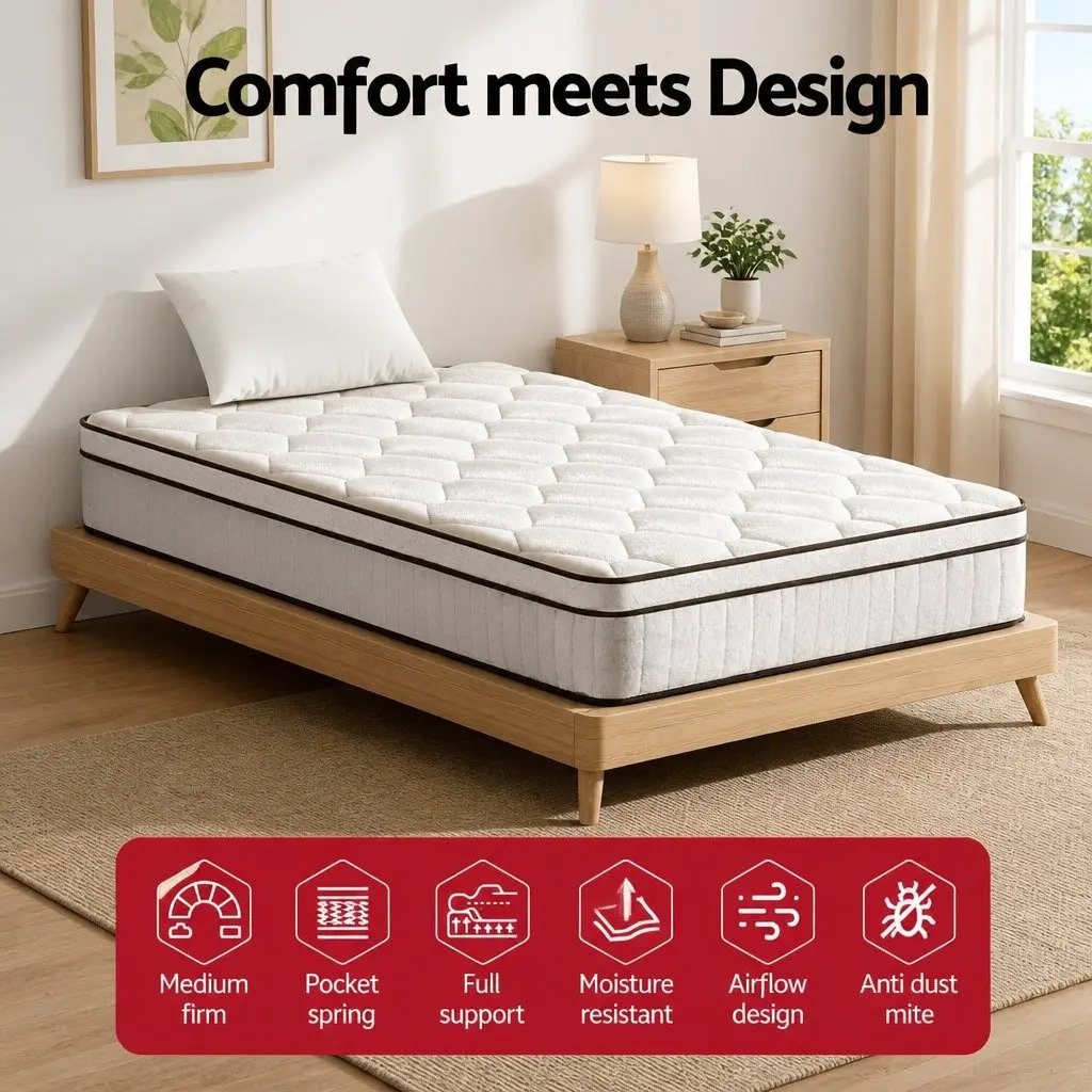 King Single Euro Top Mattress 22cm Medium Firm Velvet
