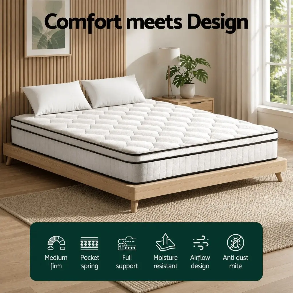 King Size Mattress 22cm Euro Top Medium Firm Pocket Spring White Bed Comfort