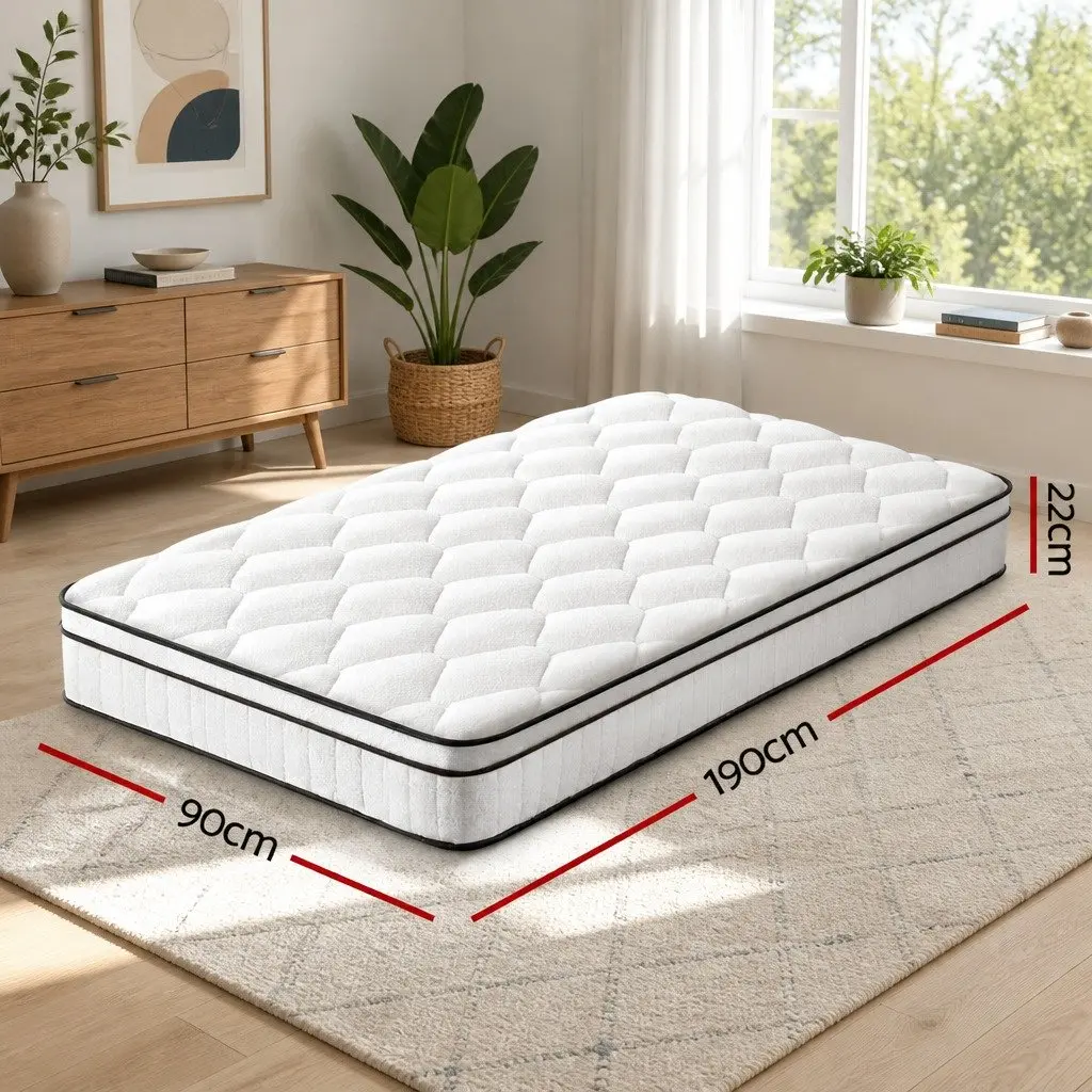 Single Mattress Euro Top 22cm Medium Firm Pocket Spring White Velvet