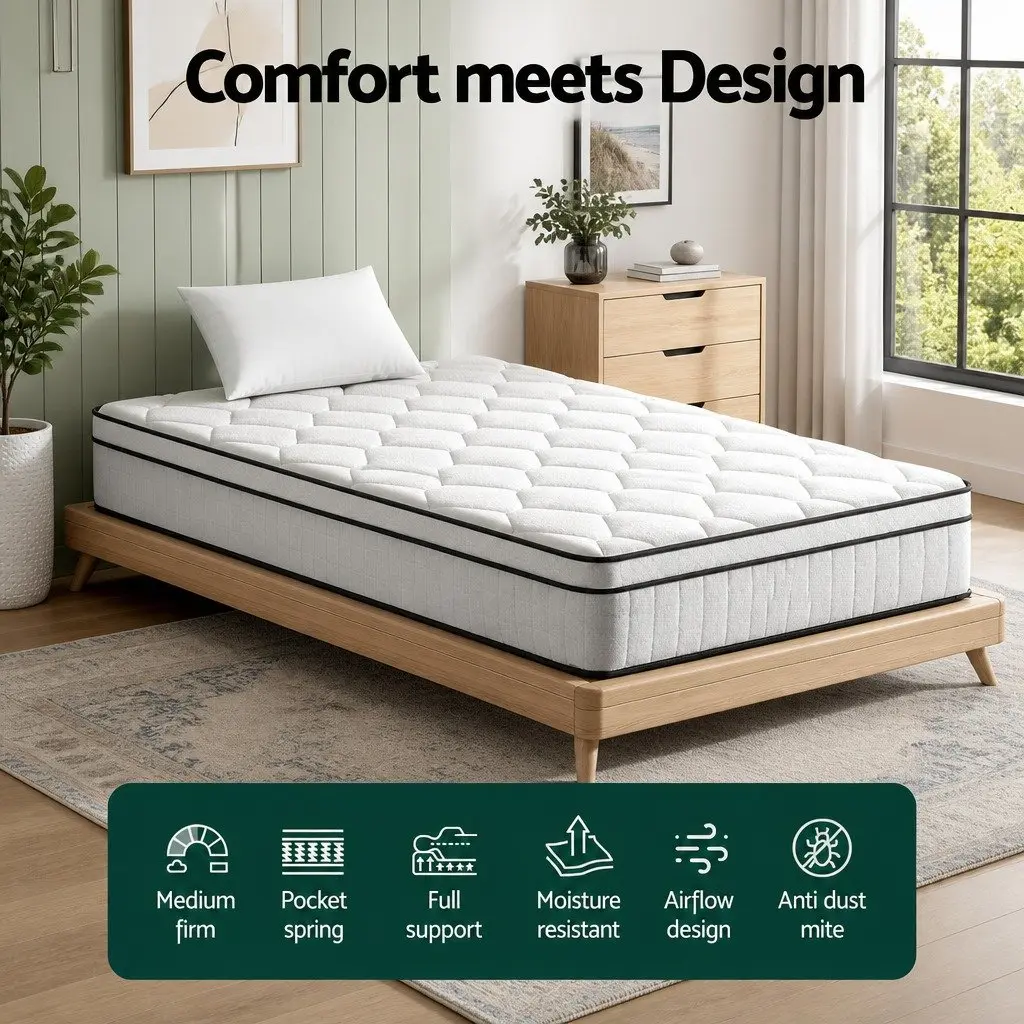 Single Mattress Euro Top 22cm Medium Firm Pocket Spring White Velvet