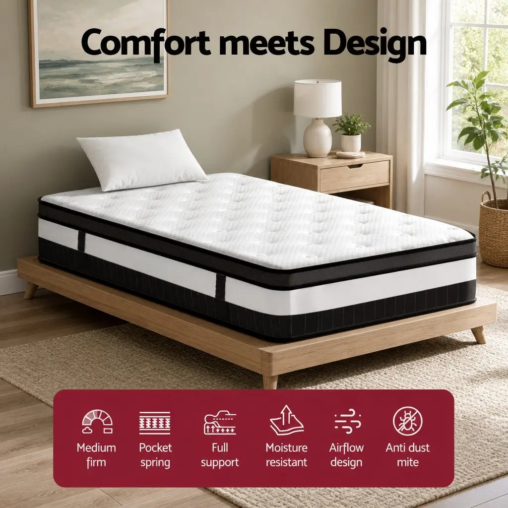 King Single Mattress Euro Top 30cm Thick Medium Firm Pocket Spring High-Density Foam
