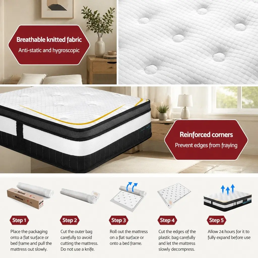 King Single Mattress Euro Top 30cm Thick Medium Firm Pocket Spring High-Density Foam