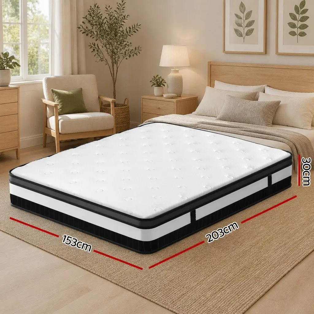 Queen Size Mattress 30cm Medium Firm Euro Top Pocket Spring White Bed