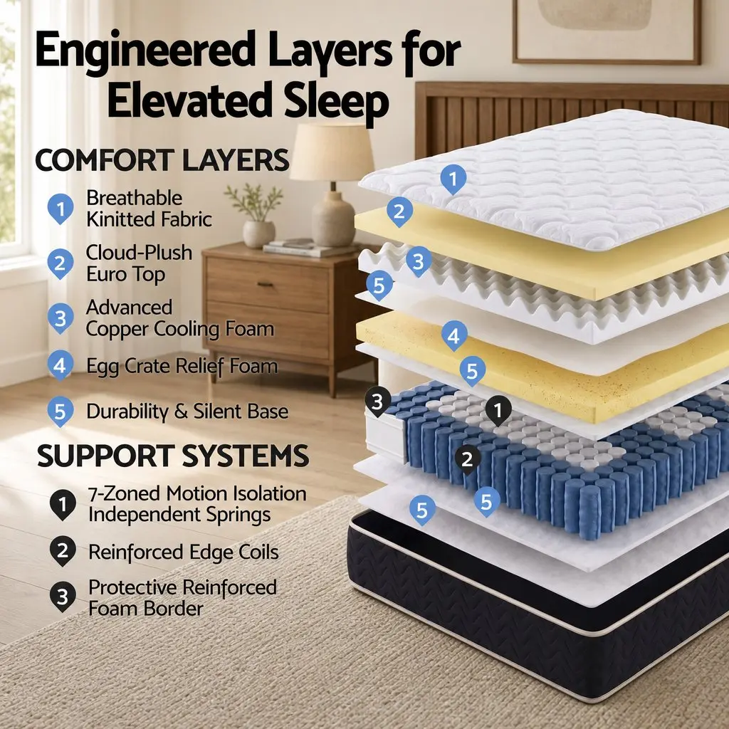 Double Mattress Copper Memory Foam 35cm Firm 7-Zone Pocket Springs Edge Support