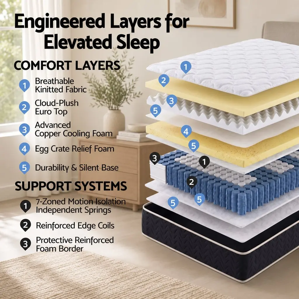 King Size Mattress Firm Copper Infused Memory Foam 35cm Euro Top Pocket Spring