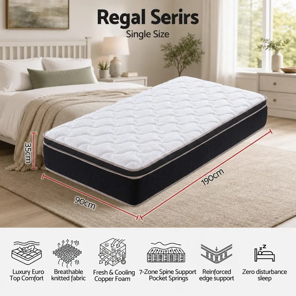 Single Mattress Euro Top 35cm Firm Pocket Spring Copper Memory Foam with Edge Support