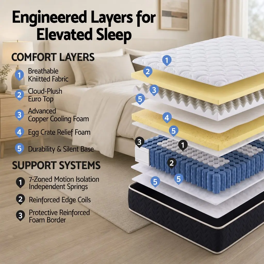 Single Mattress Euro Top 35cm Firm Pocket Spring Copper Memory Foam with Edge Support