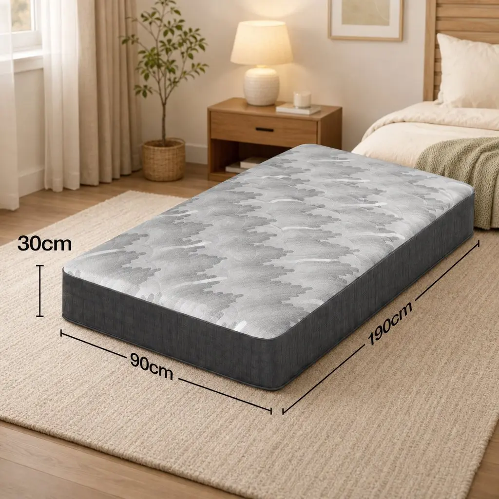 Single Mattress Grey 30cm Pocket Spring Firm 5-Zone Support Breathable Fabric