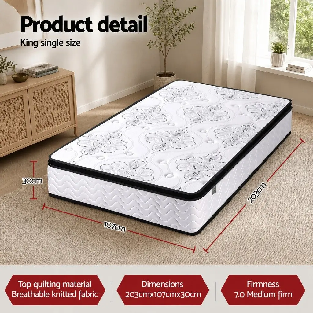 King Single Mattress Euro Top 30cm Pocket Spring Medium Firm Foam Breathable